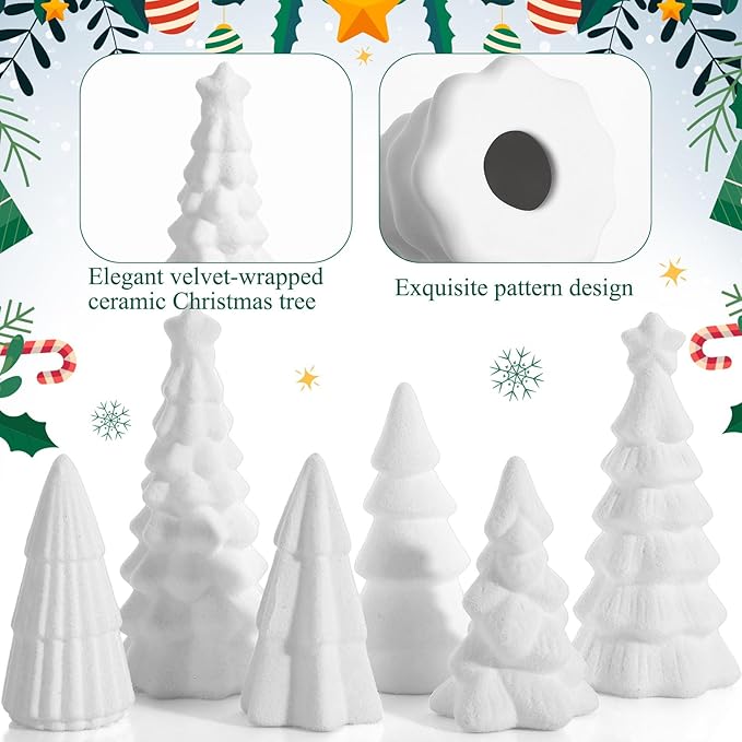 Bucherry 6 Pcs Christmas Ceramics Velvet Trees Set Christmas Table Decorations 3 Sizes Velvet Xmas Tree for Winter Holiday Table Centerpiece Decorations Mantel Decor Xmas Gifts(White)