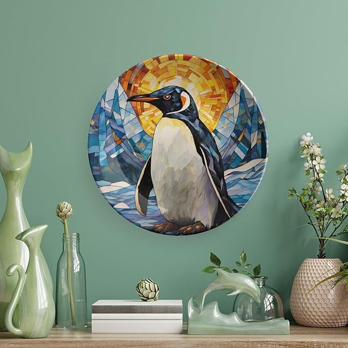 Decorative Plates for Wall Hanging, Lovely Penguin Watercolor Stained Glass Painting Ceramic Plate w/Display Stand, Home Decor for Kitchen Cabinets, Round Tray 6 Inch, Gift for Penguin Lovers