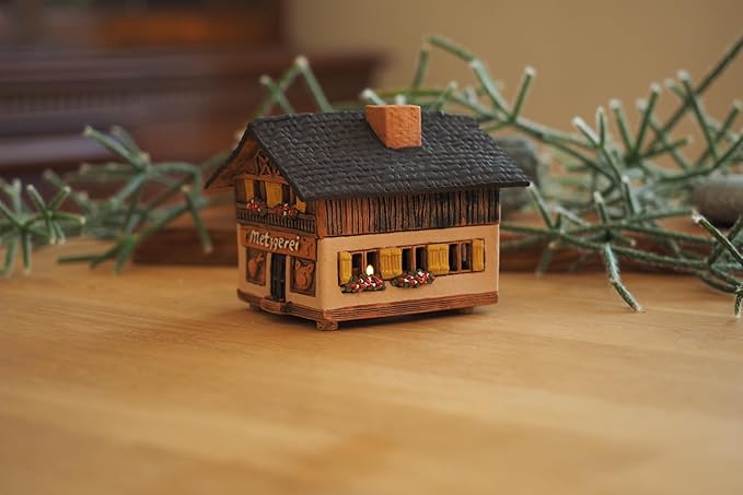 Ceramic Houses and Villages Collection - Christmas Village Collectible House Miniature Historic Butcher's in Bavaria Tealight Candle Holder, Room Décor, Handcrafted Essential Oil Burner