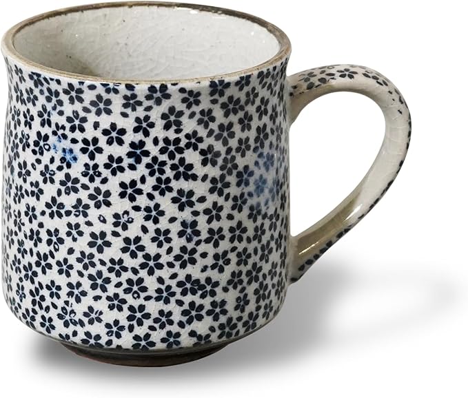 Nostalgic Mino Ware Ceramic Sometsuke Small Mug Cup - Japanese Crafted, Floral Pattern, Comfort Grip Handle, For Coffee and Green Tea or Soup, Matcha Tea, Gift Box Included (Mountain Cherry)