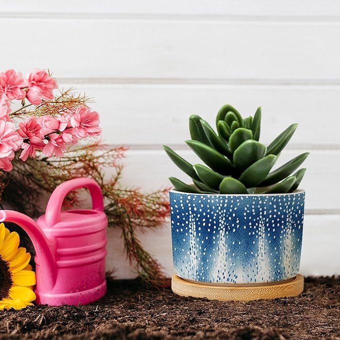 Navy Blue Modern Geometric Abstract Polka Dots Print Ceramic Flower Pots,Gardening Plant Pot with Drainage Holes And Saucers Round Ceramic Pots for Indoor Plants Succulent Herbs Cactus Pots