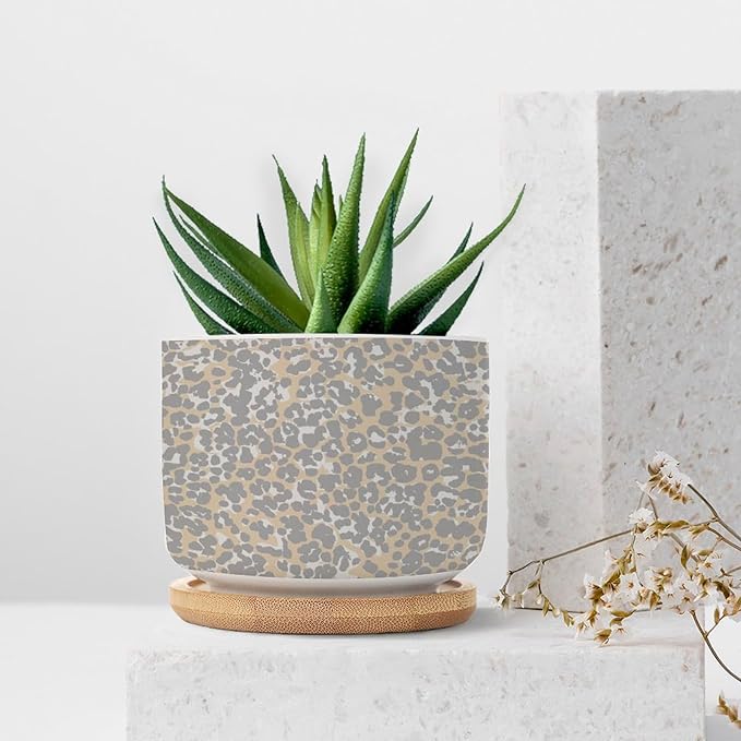 DreamAutumn Cheetah Leopard Print Animal Light Gray and Light Brown Ceramic Pots for Plants with Drainage Holes Round Flower Pot Bamboo Tray Orchid Pot Succulents Pots for Outdoor Indoor Plants