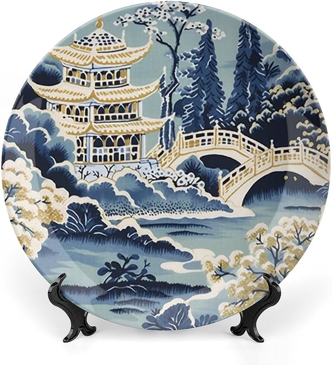 China Plates Blue And White Chinoiserie Pagoda Ming Toile Asian Personalized Decor for Household Home Kitchen Club Chinese Plates Unique Art with Stand, Multi Sizes by Choosing, Gifts for Men Women