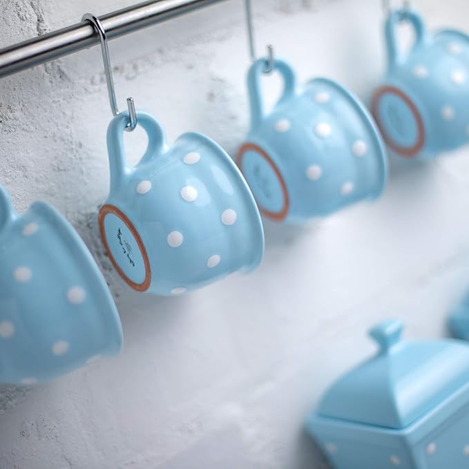 City to Cottage Handmade Light Sky Blue and White Polka Dot Ceramic 8.4oz/250ml | Cappuccino, Coffee, Tea Cup and Saucer, Unique Designer Pottery Gift for Tea Lovers