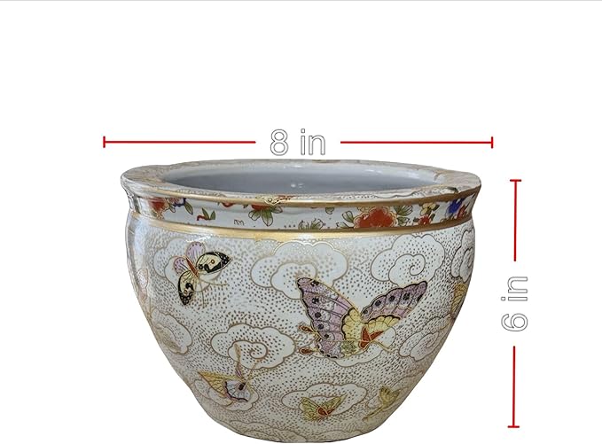 New 8" Oriental Colorful Butterfly Butterflies Themed Fish Bowl Jardiniere Planter Plant Pot & Acrylic Oriental Stand