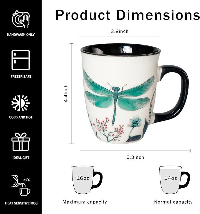 16 oz Dragonfly Mug - Color Changing Ceramic Coffee Cup - Ideal Gift for Women Dragonfly Gifts for Women