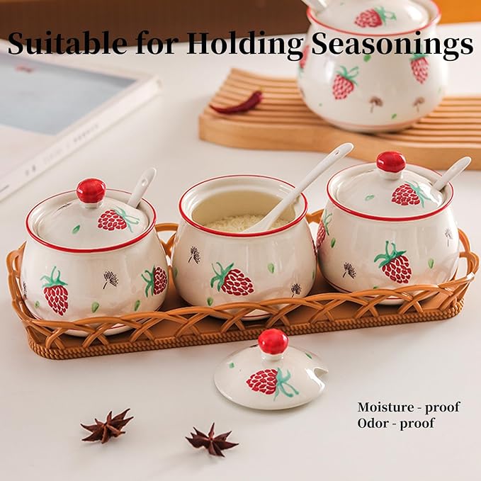 Kitchen Ceramic Condiment Jars with Lids and Spoons, 3 Piece Kitchen Ceramic Seasoning Jar Set for Salt Spice Suger Pepper, Sugar Coffee Tea Container Pot with Serving Tray - Red Strawberry