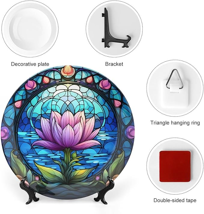 Decorative Plates, Purple Lotus Lake Landscape Stained Glass Painting Ceramic Dinner Plate Home Wobble-Plate w/ Display Stand, Wall Hanging Decor for Kitchen Household 10 Inch, Gifts for Lotus Lover
