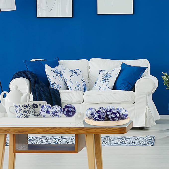 Vesici 9 Pcs Blue and White Porcelain Balls Decorative Chinoiserie Orbs for Centerpiece Bowls China Ceramic Balls Farmhouse Basket Tray Vases Decoration Gifts for Dining Table Holiday(Elegant Style)