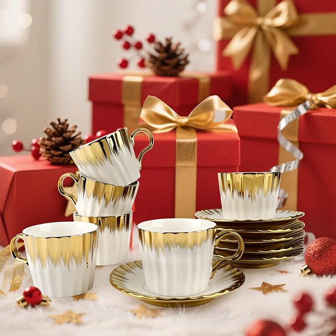 3.2oz Ceramic British Coffee Cup Set of 6, Italian Turkish Cappuccino Cups Porcelain Espresso Cups and Saucers with Gold Trim for Double Espresso Cappuccino Latte Mocha Tea