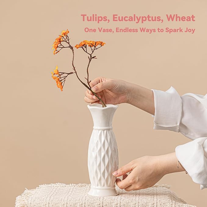 White Ceramic Vase with Diamond Texture - 8.3" Unique Flower Vase for Pampas Grass & Centerpieces, Decorative Boho/Farmhouse Vase for Living Room, Office Desk & Gift for Her/Yourself