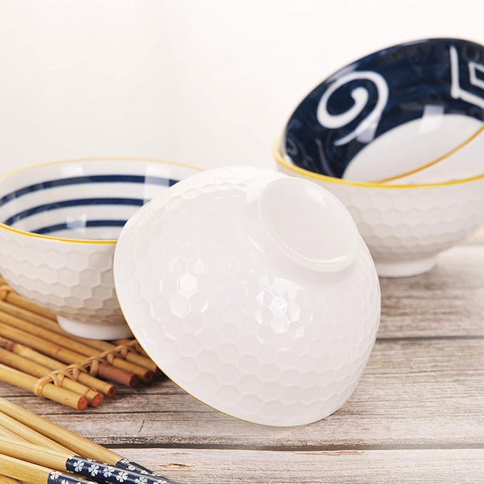 VanEnjoy Set of 4 Japanese Style Ceramic Rice Bowl with Chopsticks in Gift Box,Vintage Blue Hand Painted Pattern Bowls Set,Underglazed Dinnerware,For Dessert Snack Cereal Soup
