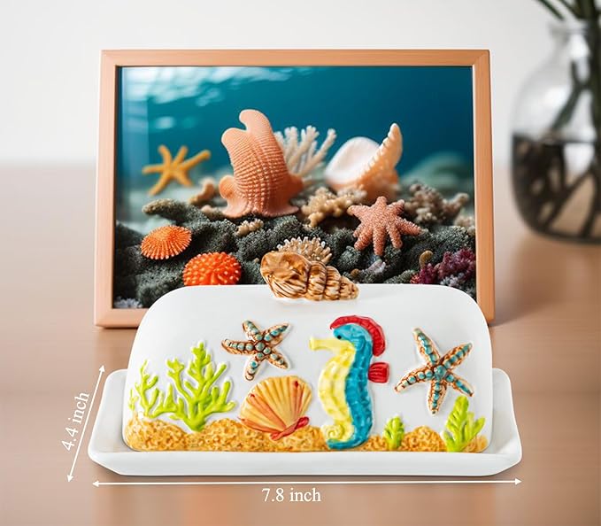Ocean Theme Butter Dish With Lid For Countertop With Conch Scallop Starfish Seahorse Coral Decoration Funny Butter Container Cute Butter Dish Ceramic Mantequillera Butter Holder Tropical Beach Theme