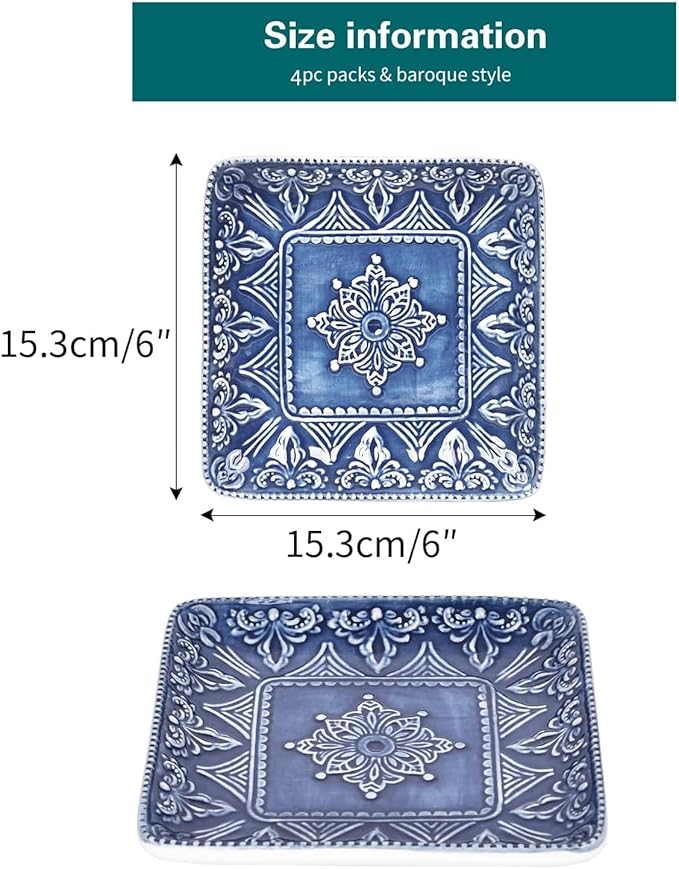 Sungmor Embossed Stoneware Fine Dining Dinnerware, Antique Baroque Style Porcelain 6 Inch Square Appetizer Plates Set of 4, Sophisticated Ceramic Small Dinner Plates Serving Dish for Dessert, Salad