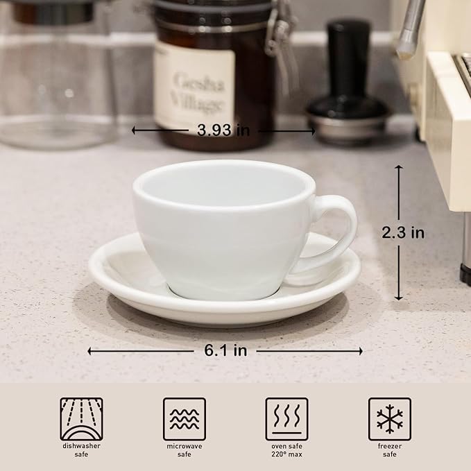 Loveramics Cappuccino Cup with Saucer, 8 oz Ceramic Coffee cup with Round Bottom for Cappuccino, Latte, Tea, Espresso, Thick-walled Stoneware Cup Set for Barista - Regular Colours (White, 8OZ)