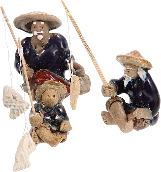 Mikikit 15pcs Ceramic Fisherman Figurines Sculpture Miniature Statues for Aquarium Decor Asian Fisherman Figurine for Bonsai Pot and Zen Garden Lifelike Fishing Man Ornaments for