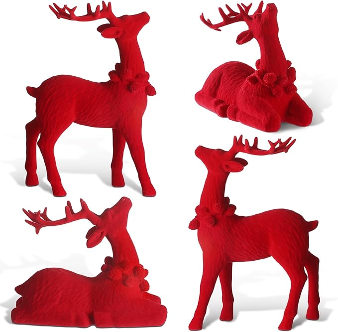 Wesiti 4 Pcs Christmas Reindeer Decor Small Artificial Red Flocked Ceramic Standing Sitting Reindeer Figurine Mini Deer Christmas Tabletop Decoration for Xmas Holiday Indoor Rustic Statue Table Decor