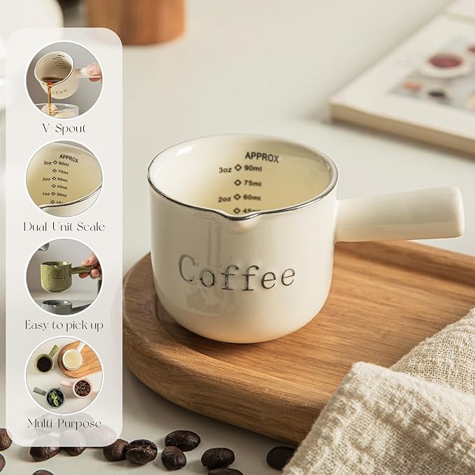 KEMORELA Ceramic Espresso Cups with Spouts & Handles, 3 oz & 90 Milliliter Markings, Espresso Shots, Durable Heat-Resistant Ceramic, Perfect Coffee Accessories for Espresso Lovers (White)