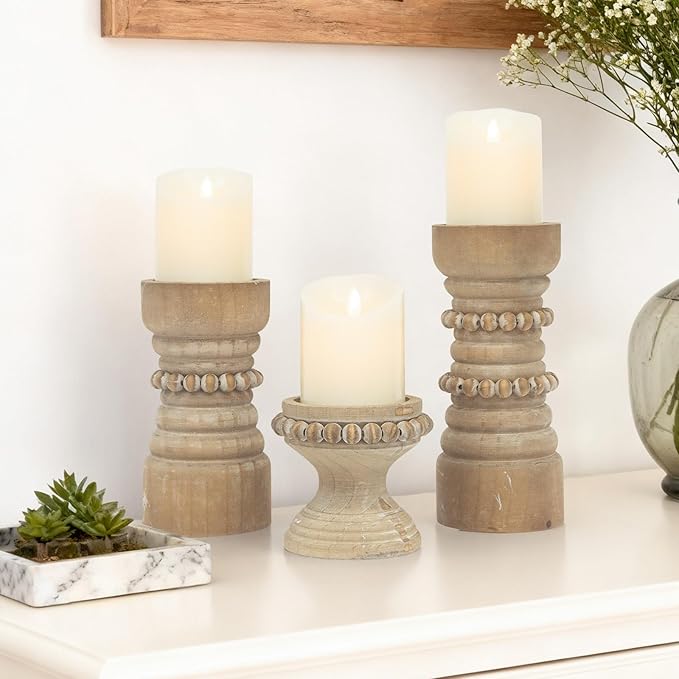 MODE HOME Rustic Natural Wood Candle Holders Set of 3, Farmhouse Beaded Wood Pillar Candle Holder, Candle Holders for Pillar Candles & Candlesticks, Candle Sticks Holder Decor for Table Centerpiece