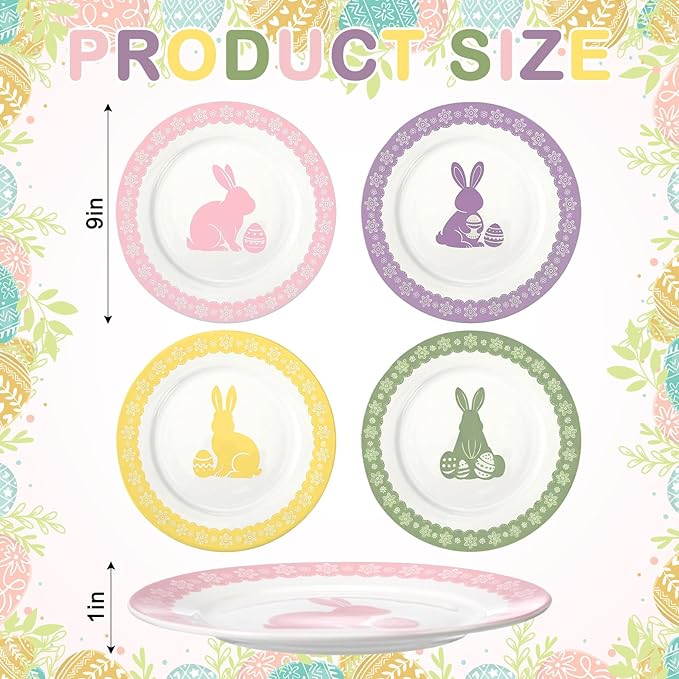 Rtteri 4 Pack 9 In Easter Bunny Ceramic Plate Pastel Spring Ceramic Dessert Plate Rabbit Easter Salad Dishes Dinnerware for Home Brunch Spring Party Kitchen Wedding Decor