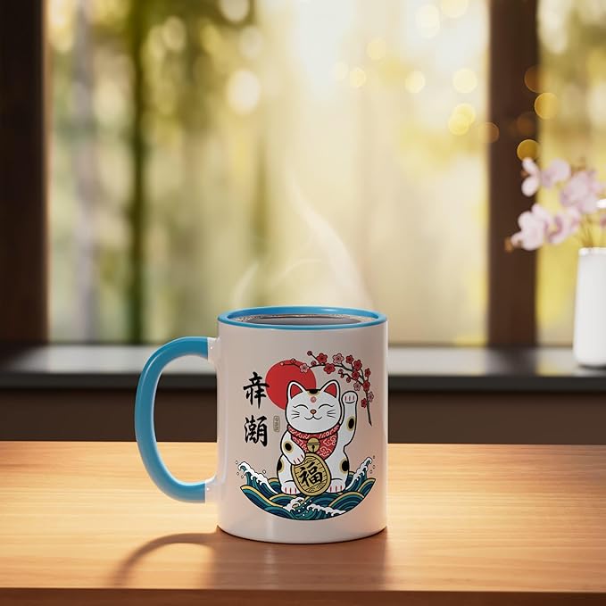 Cat Japanese Lucky Maneki Cat, Lucky Cat With & Bloss Ceramic Mug, Blue/White