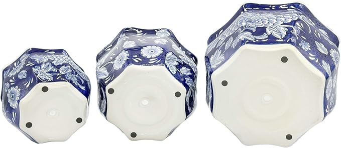 Galt International Dark Blue & White Round Fluted Floral Porcelain Ceramic Plant Flower Planter Pot Set of 3 (7.5", 10", 13") Garden Pots Chinese Asian Design