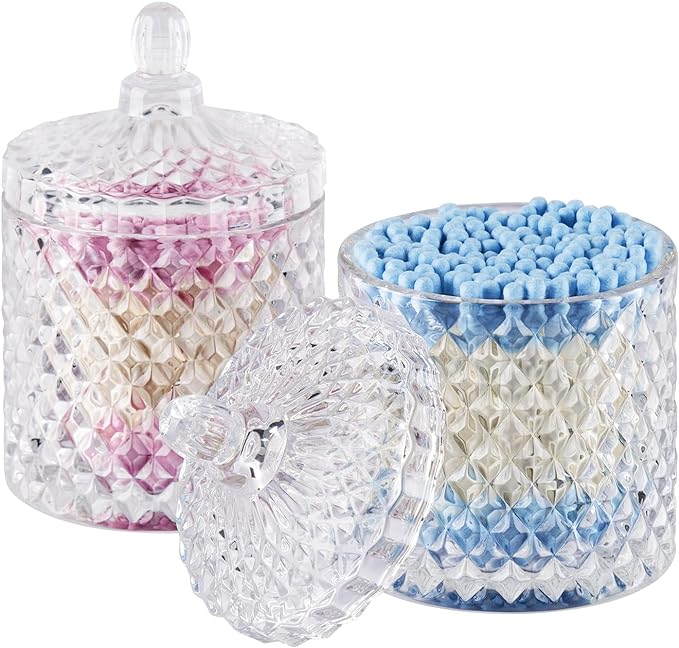2 Pack Qtip Holder Cotton Round Ball Holder Set, Apothecary Jars Glass Bathroom Storage jars with Lids for Bathroom Decor, Qtip Dispenser for Cotton Swab,Cutip