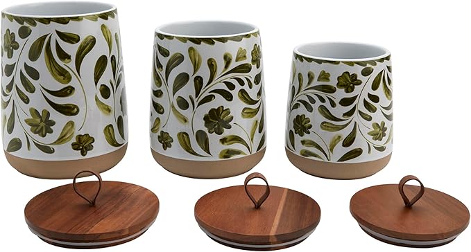 TTU Tabletops Gallery Ceramic Canister Collection- Stoneware Designed Kitchen Storage Acacia Wood White Set, 3 Piece Botanical Green Canister Set