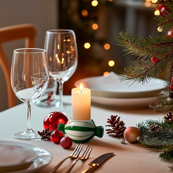 Candy Ceramic Candle Holders 2 PCS,Christmas Decor Candlestick Holders Centerpieces for Home Wedding Xmas Dinning Party for 1.5 inch Candle and Led Candle(Red + Green)