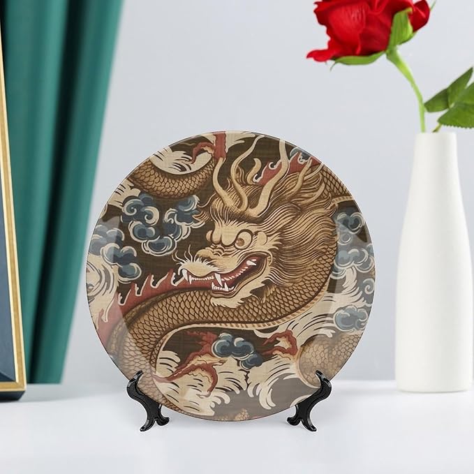 Dragon Gold Oriental Style Asian Ceramic Decorative Plate for Display Office Art Decoration Supplies Home Housewarming Gifts Holiday Party Decorations Customize Gifts for Men Women Anniversary