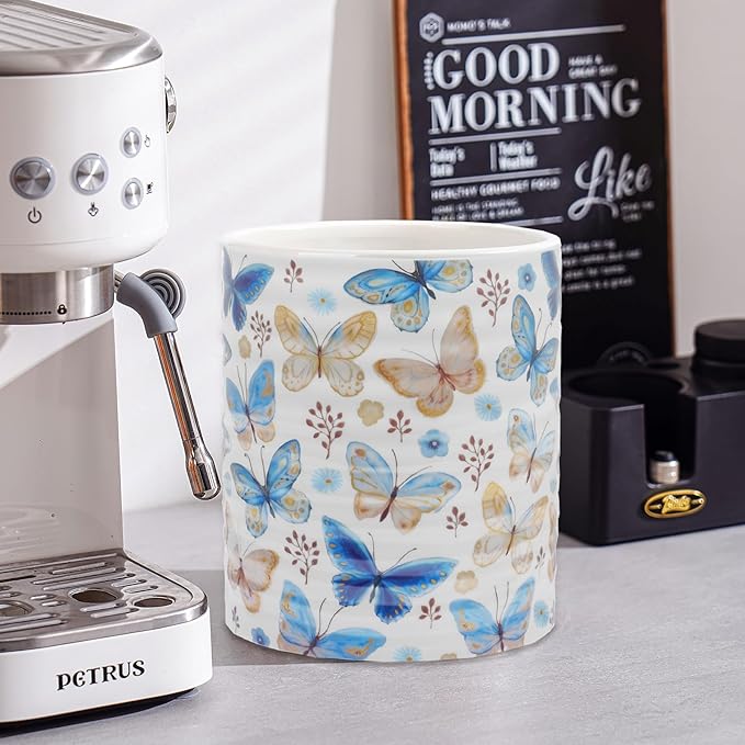 Kitchen Utensil Holder,7.2-inch Extra Large Sturdy Ceramic Floral Butterfly Pattern Utensil Crock,Cooking Utensil Organizer for Kitchen Counter Decor,Storage Caddy Farmhouse Gift Butterflies