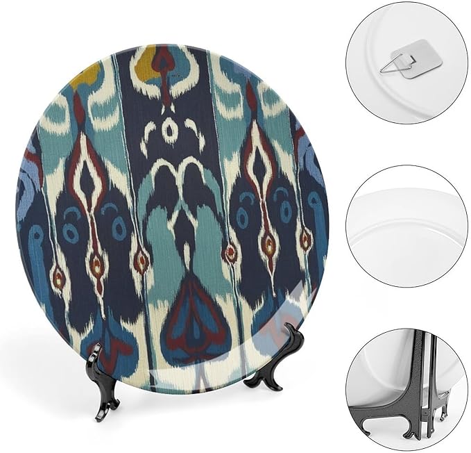 Ikat Indigo Blue Vintage Plates, Customize Wall Hanging Decorative Plate for Kitchen Farmhouse Table Decor, Unique Art with Stand Art Decorations for Home Art Decoration