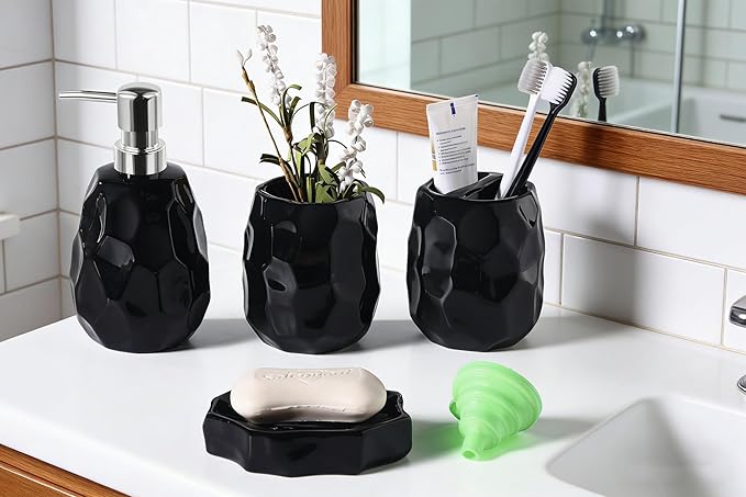 Ceramic Bathroom Accessories Set 4 PCS,Bathroom Toothbrush Holder Set,Soap and Toothbrush Holder Set,Include Toothbrush Holder,Soap Dispenser,Soap Dish,Tumbler,Bathroom Sets Decor Organizer (Black)