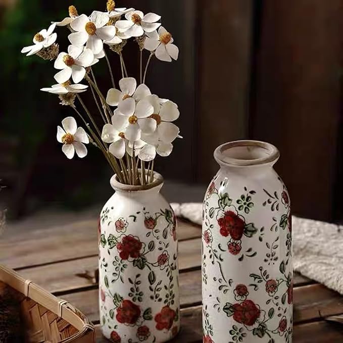 Small Vintage Rustic Flower Vase,Farmhouse Flower Vase for Home Decor,Chinoiserie Ceramic Vases for Table,Bookshelf,Living Room Centerpieces,Boho vases 7.8 Inch