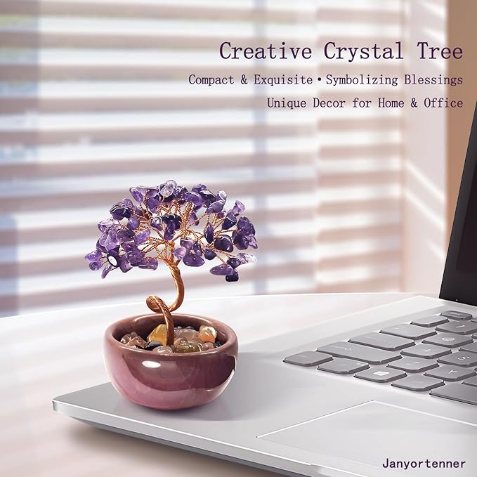 Mini Amethyst Crystals Tree of Life,Mystical Energy Home Office Desk Decor,Handmade Crystal with Copper Wire and Crackle Glaze Base,Spiritual Gift
