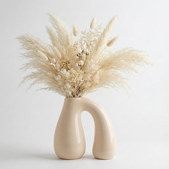 Cream White Ceramic Decorative Pitcher Vase, 7.5 in – Glossy Sculptural Arch-Handle, Modern Home Décor Accent for Fresh or Dried Floral Arrangements, Table/Shelf/Entryway, Giftable