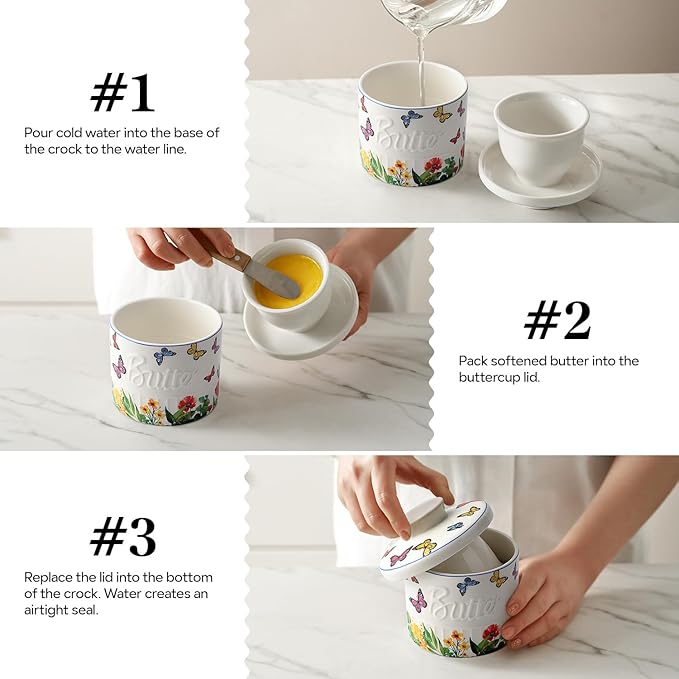 Toptier Butter Crock for Counter With Water Line, On Demand Spreadable Butter, Ceramic Butter Keeper to Leave On Counter, French Butter Dish with Lid (Butterfly)
