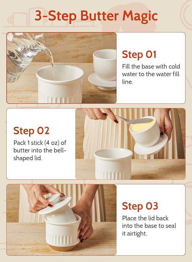 Sweese Embossed French Butter Crock with Water, Ceramic Butter Keeper with Lid for Countertop, Vintage White & Ochre Butter Dish, Dishwasher & Microwave Safe