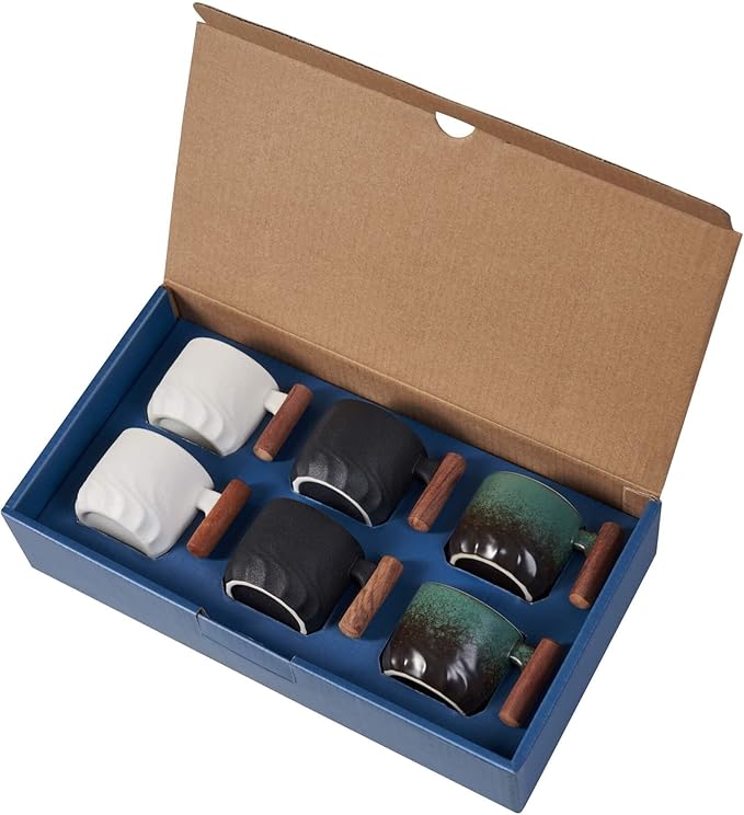 Ceramic Espresso Cups with Wooden Handle Espresso Shot Cups Ceramic Tea Cups Porcelain Demitasse Cups for Coffee or Tea, 2oz (Black-Green-Whit, 6)