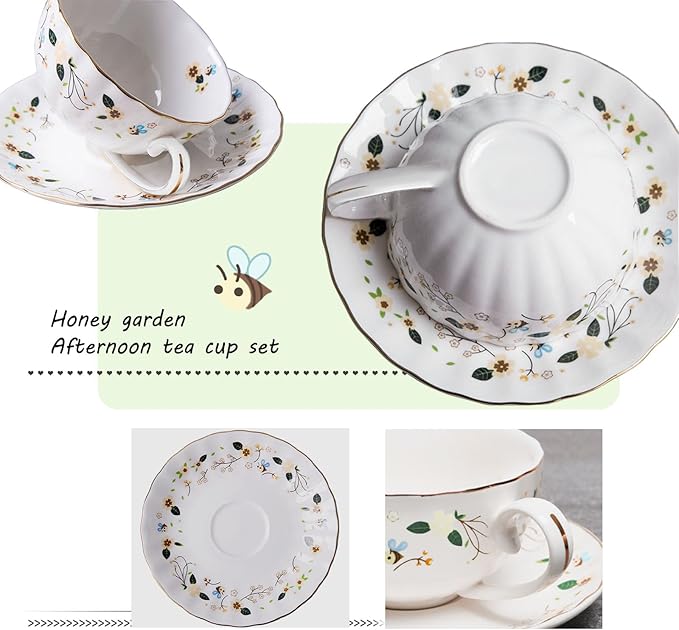 BigNoseDeer Gifts for Women Porcelain Tea cups and Saucers,Art Latte Cup, Cappuccino Cup,Cute Ceramic Coffee Mug Christmas Gifts(7oz)