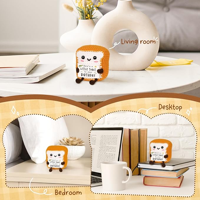 Positive Birthday Gifts for Women Men—A Little Toast to You, Cute Handmade Crochet Toast Decor with Bday Card, Birthday Gifts for Her Him Best Friend Mom Dad Sister—2.76x2.17x3.35 in