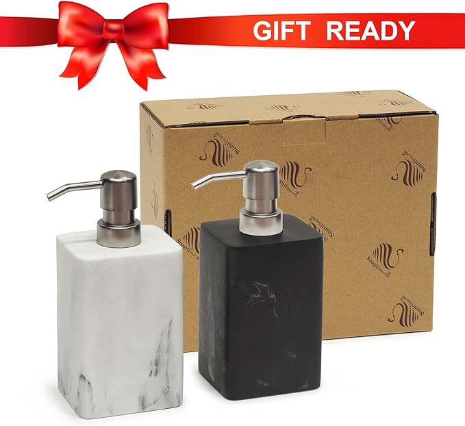 2pcs Hand Soap and Lotion Dispenser Sets for Bathroom Countertop,Black Marble Texture Resin Stone Liqiud Dish Soap Dispenser for Kitchen Sink,Refillable-15 Oz/445ml