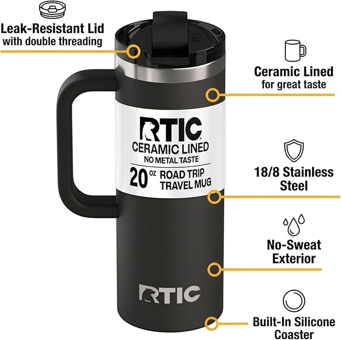 RTIC 20oz Road Trip Travel Mug with Lid and Handle, Ceramic Lined, Insulated, Stainless Steel, Metal, Double Wall Vacuum-Insulation, Portable Coffee, Tea Cup for Hot and Cold Drink, Midnight