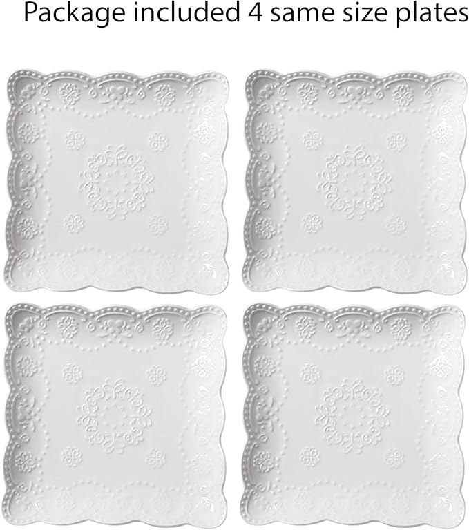 Jusalpha Set of 4-Square Embossed Lace Ceramic Plate-Dinner Plate Set, Pasta/Salad/Dessert Plate Dishwasher MicrowaveTableware Set for Restaurant Family Party Kitchen Use (White, 10 Inches)