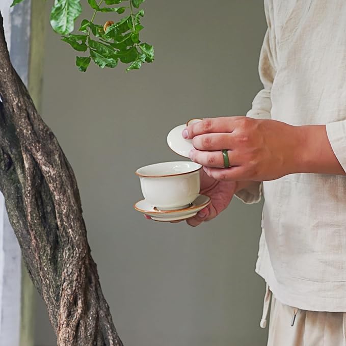Luxury Gaiwan Tea Set Gift for Tea Lovers – Hand-Signed Handmade Longquan Celadon Gaiwan with Lid and Saucer, Premium Gongfu Tea Cup, Tea Ceremony Wedding Housewarming Gift