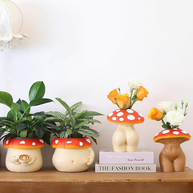 GUGUGO Mushroom Lady Body Vase for Flower, Funky Mushroom Decor, Eclectic Lady Form Butt Vases for Flowers, Unique Cute Face Head Room Decor Aesthetic for Modern Home, Gradient Head & Bronze Body