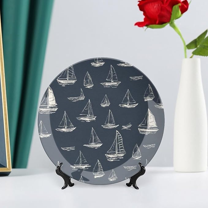 Personalized Gifts Plates Ceramic, Sail Boats Nautical Navy Blue Ceramic Hanging Decorative Plate Wall Including Bracket And Special Hook, Vintage Decor for Table Display Kitchen, 6", 7", 8", 10"