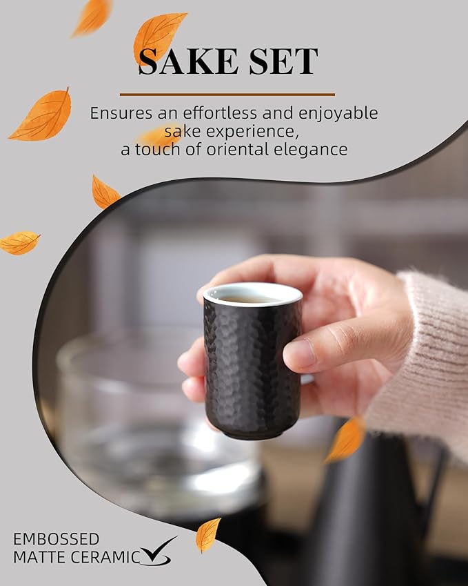 ZENS Sake Set with Warmer, 12 Ounce Embossed Ceramic Sake Bottle 6 Sake Cups and Glass Pot for Hot or Cold Japanese Sake, Black Sake Carafe Gift Sets with Cotton Towel