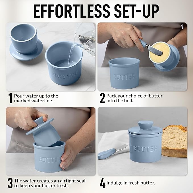 Zulay Kitchen Bell Shaped Butter Crock with Lid for Countertop with Water Line & Spreader Knife, Ceramic French Butter Dish Keeper For Fresh, Soft & Spreadable Butter - Blue-Gray