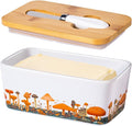 Mushroom Butter Dish with Lid,Large Butter Crock Keeper Saver,Ceramic Butter Container for Countertop with Highly Sealed Silicone Thick Wooden Lid for Kitchen Farmhouse Decor (White, Mushroom)